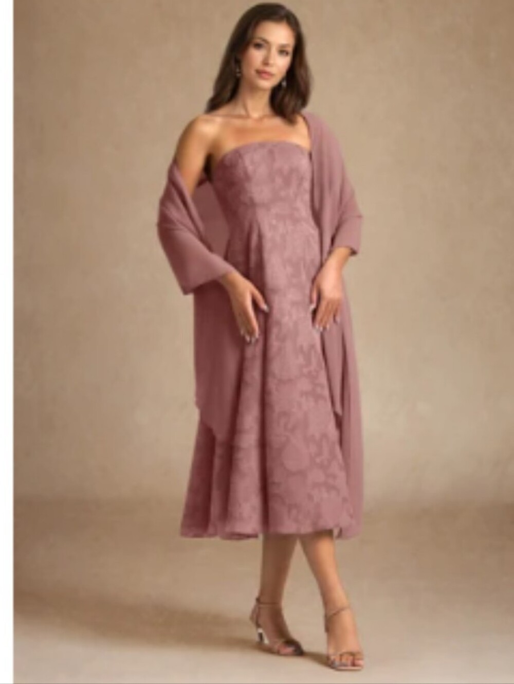Azazie Lorain Strapless Midi Dress with Matching Shawl - Dusty Rose